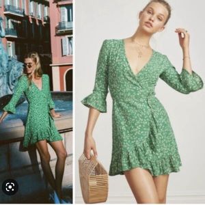 Faithfull the Brand Carmel Dress Violette Print Green Mini Wrap Dress